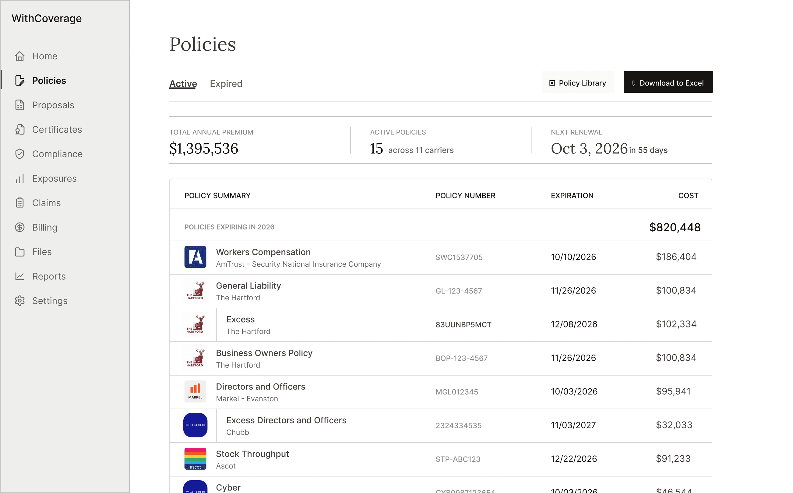 WithCoverage platform policies screen listing active policies with carriers, policy numbers, expirations, and premiums