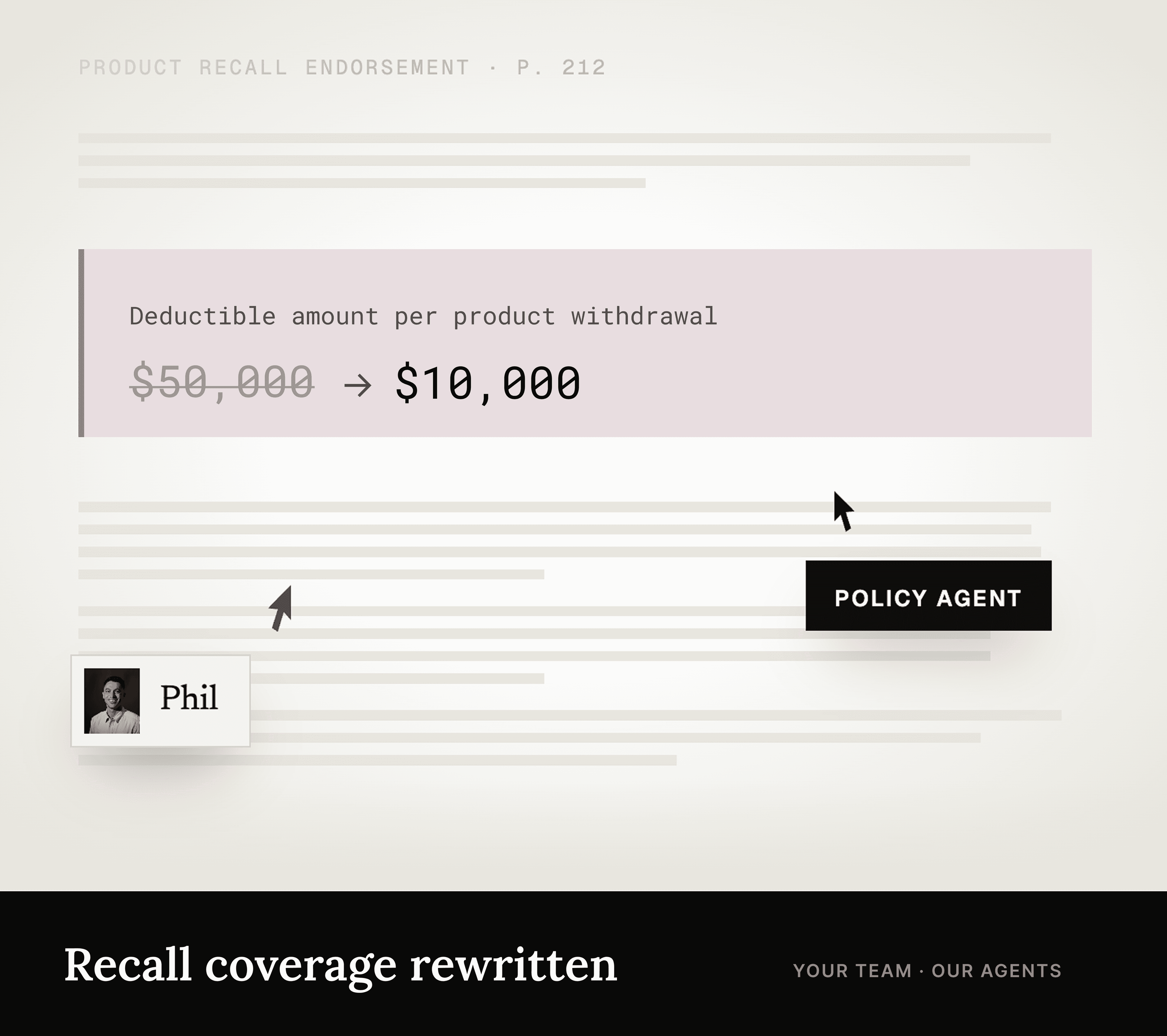 Animation showing a product recall deductible reduced from $50,000 to $10,000 by a WithCoverage policy agent